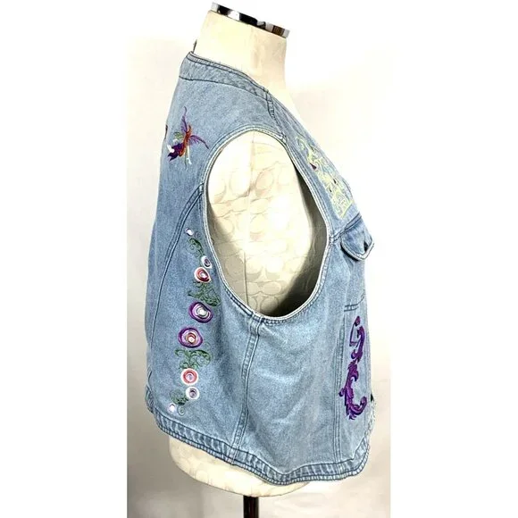 Denim Vest Sz XL Embroidered Fairies Unicorn Whimsical Russ State of Blue Vtg - Picture 5 of 11